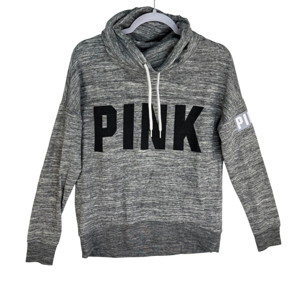 PINK Victoria's Secret Cowl Neck Hoodie Marled Grey Logo Sweatshirt XS